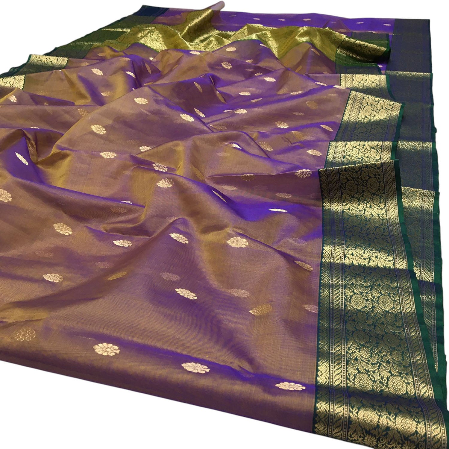 Green And Purple Shot Chanderi Handloom Pure Katan Silk Booti Design Saree - Luxurion World