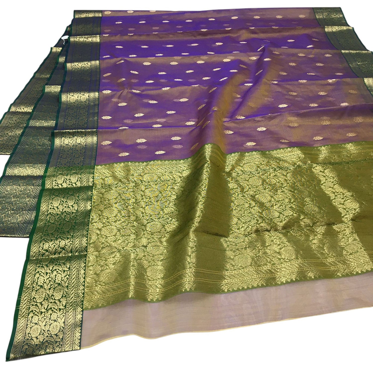 Green And Purple Shot Chanderi Handloom Pure Katan Silk Booti Design Saree - Luxurion World