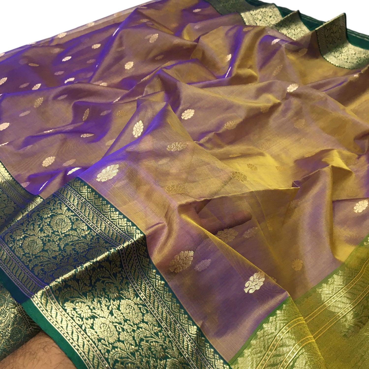 Green And Purple Shot Chanderi Handloom Pure Katan Silk Booti Design Saree - Luxurion World