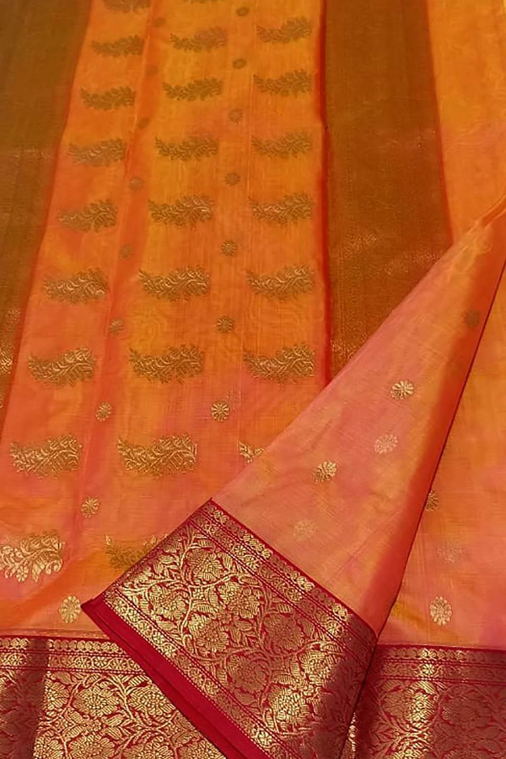 Orange Chanderi Handloom Pure Katan Silk Flower Design Saree - Luxurion World