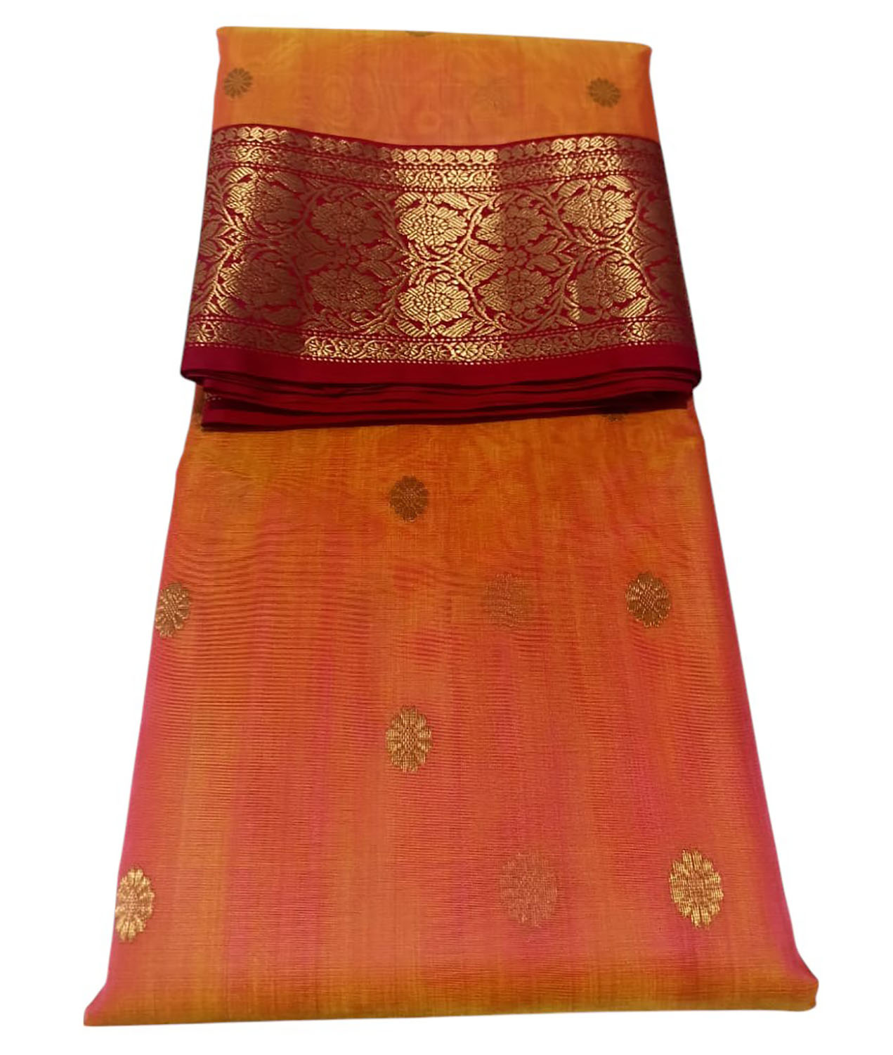 Orange Chanderi Handloom Pure Katan Silk Flower Design Saree - Luxurion World