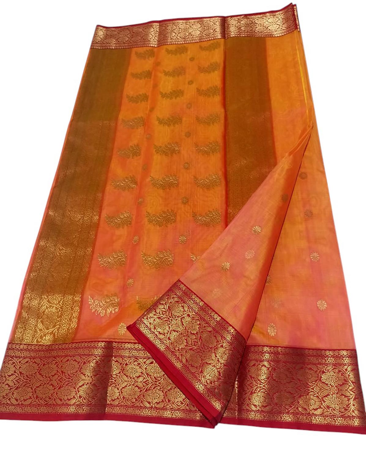 Orange Chanderi Handloom Pure Katan Silk Flower Design Saree - Luxurion World