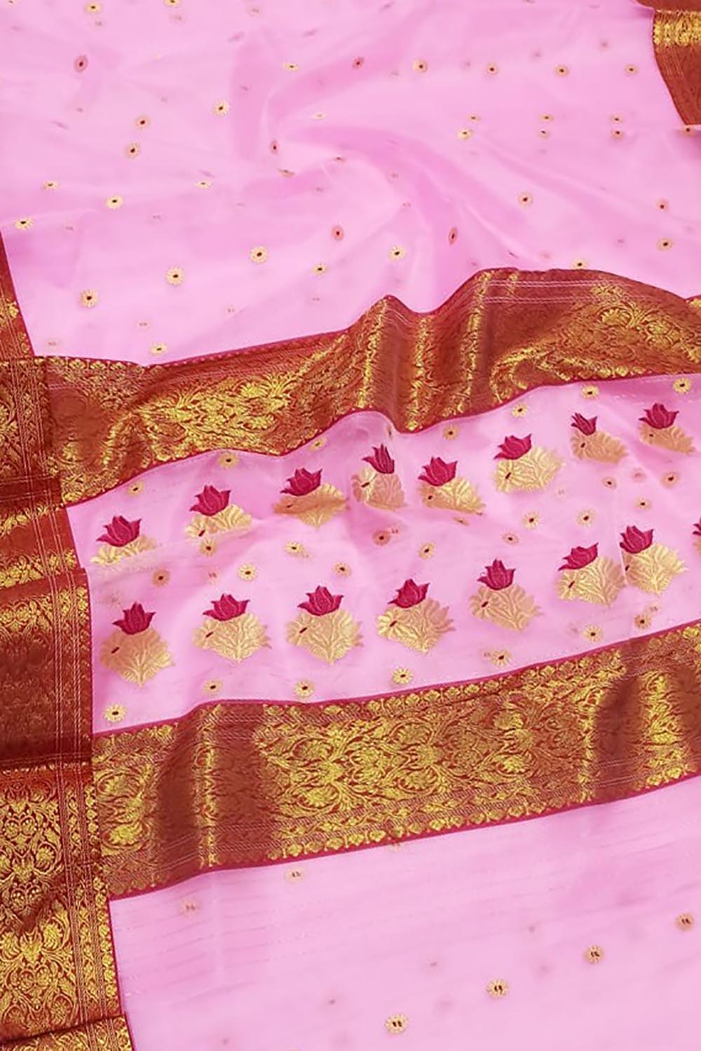 Pink Chanderi Handloom Pure Katan Silk Meenakari Saree - Luxurion World