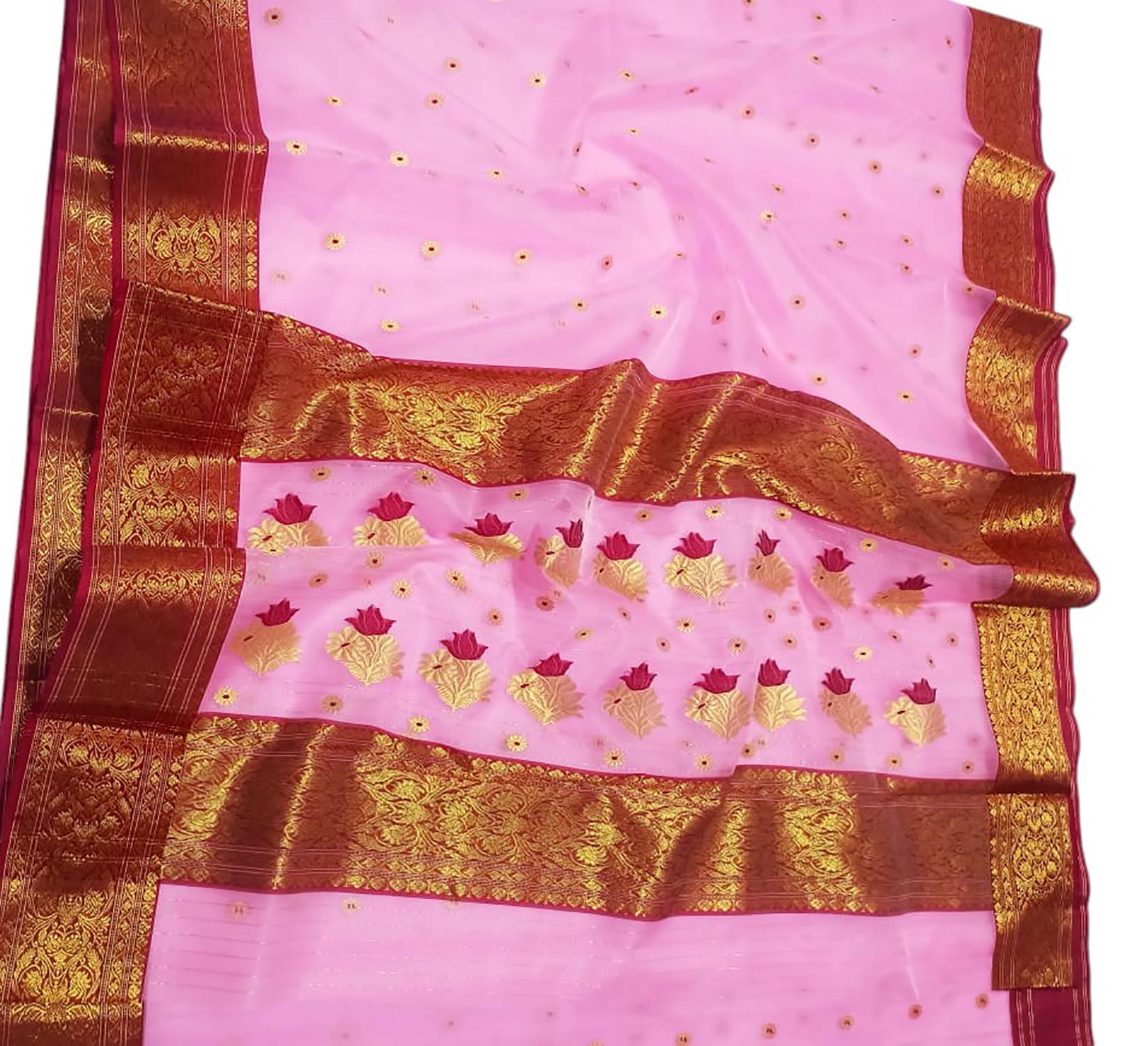 Pink Chanderi Handloom Pure Katan Silk Meenakari Saree - Luxurion World