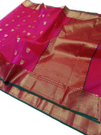Pink Chanderi Handloom Pure Katan Silk Flower Design Saree - Luxurion World