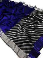 Blue Pure Chanderi Silk Handloom Saree - Luxurion World