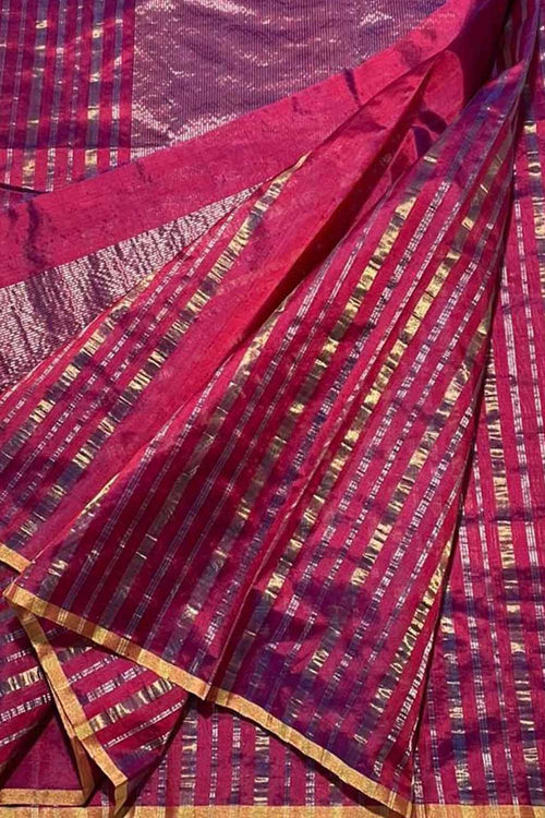 Pink Pure Chanderi Silk Handloom Saree - Luxurion World