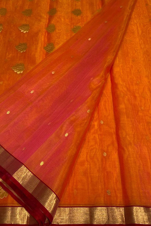 Orange Pure Chanderi Silk Handloom Saree - Luxurion World