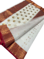 Elegant Off White Handloom Chanderi Pure Katan Silk Saree - Luxurion World
