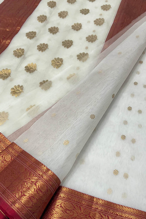 Elegant Off White Handloom Chanderi Pure Katan Silk Saree - Luxurion World