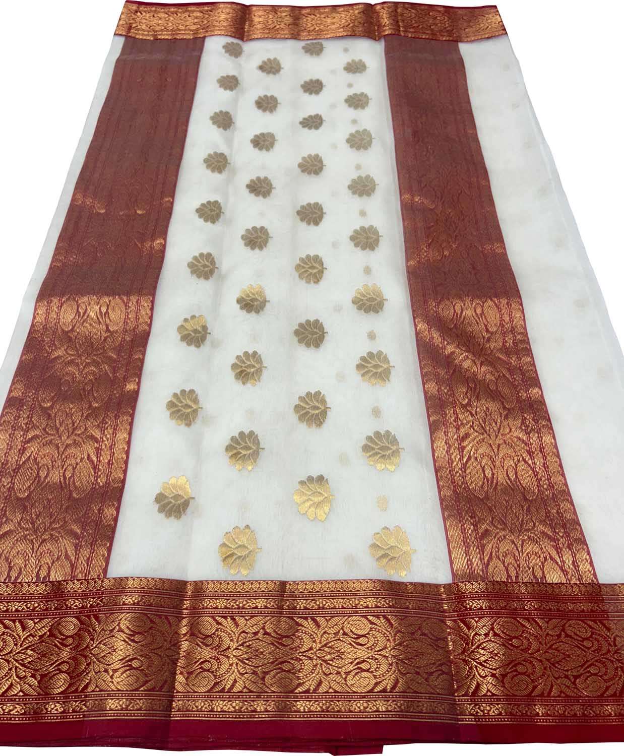 Elegant Off White Handloom Chanderi Pure Katan Silk Saree - Luxurion World