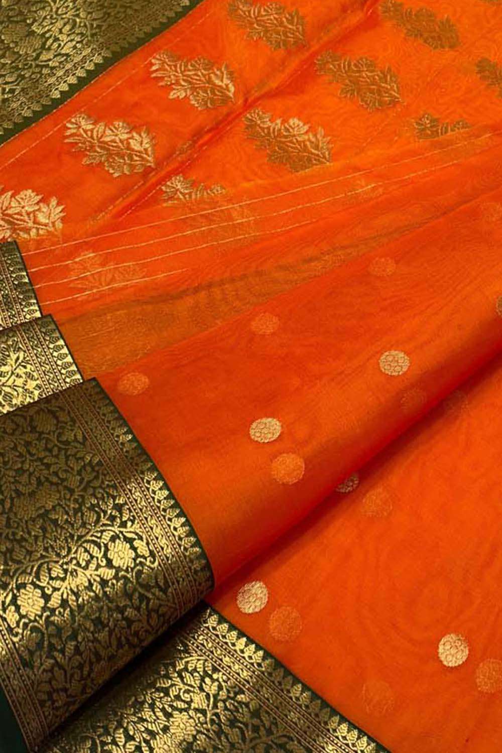 Orange Handloom Chanderi Pure Katan Silk Saree - Luxurion World
