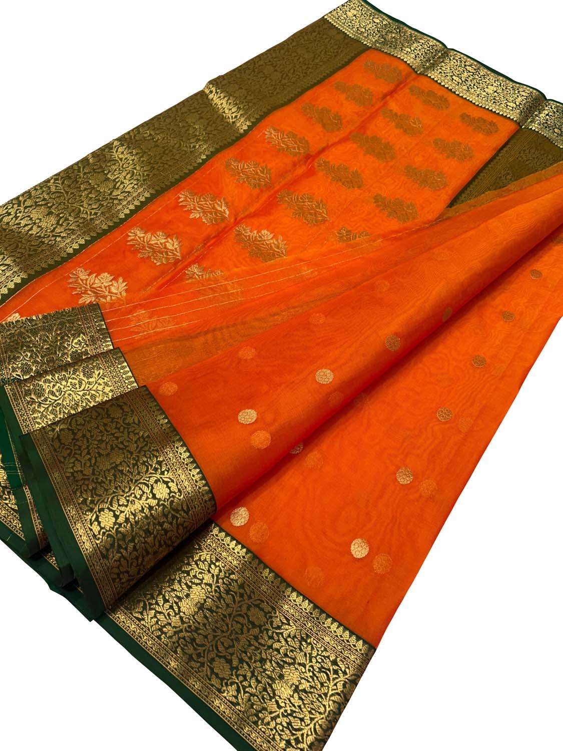 Orange Handloom Chanderi Pure Katan Silk Saree - Luxurion World