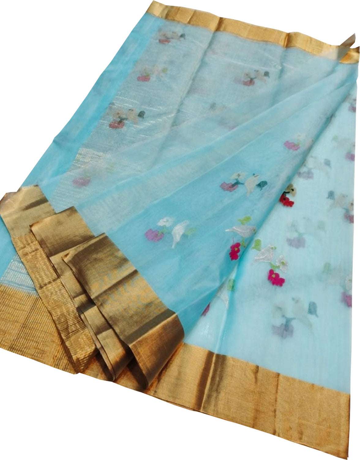 Blue Handloom Chanderi Pure Katan Silk Saree - Luxurion World