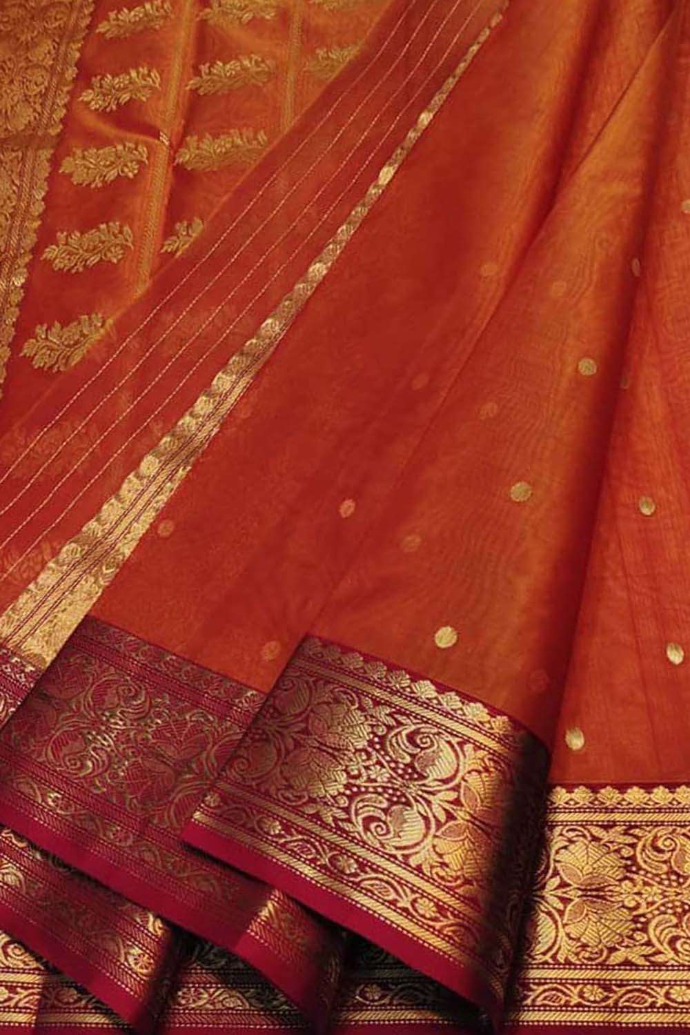Orange Handloom Chanderi Pure Katan Silk Saree - Luxurion World
