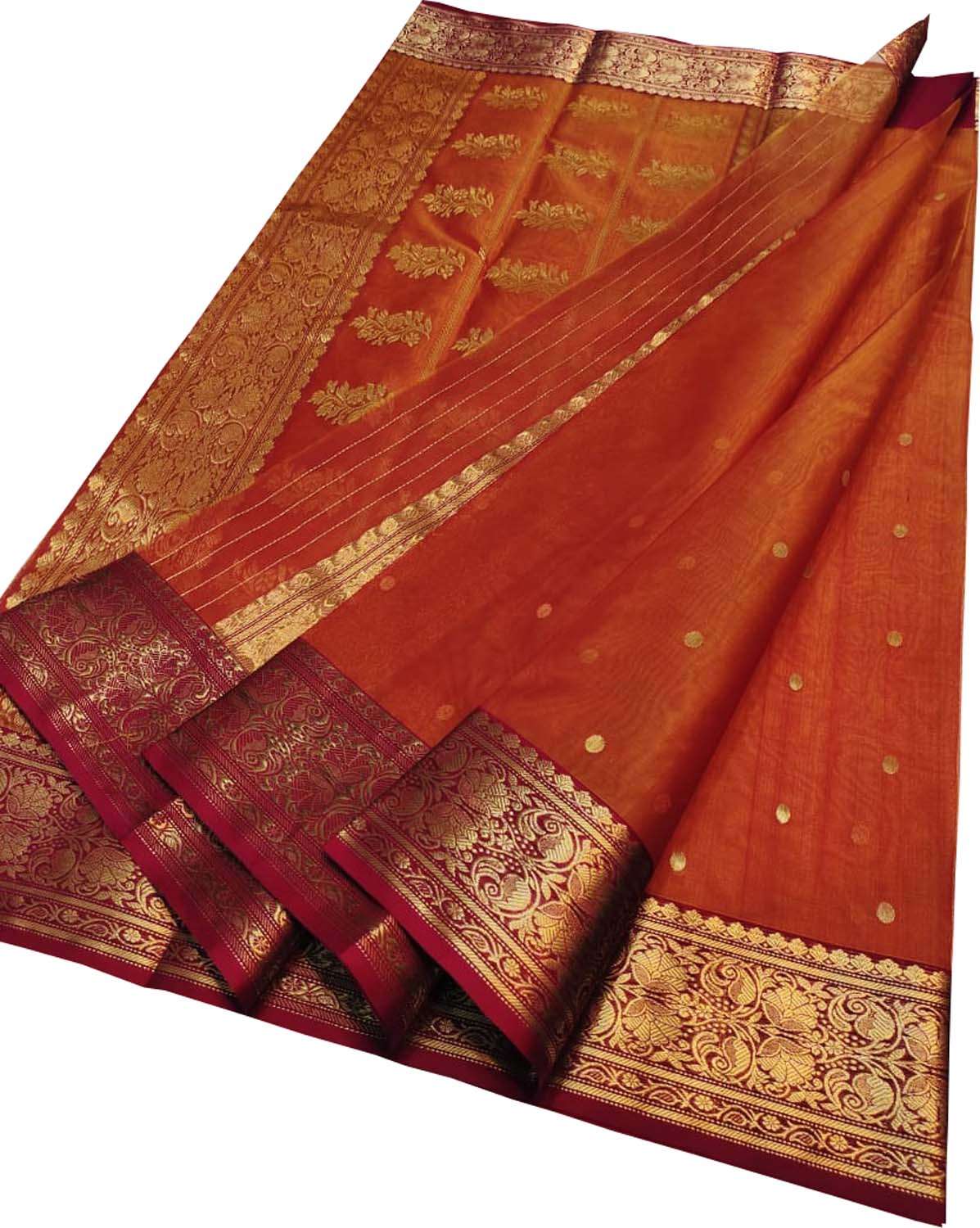 Orange Handloom Chanderi Pure Katan Silk Saree - Luxurion World