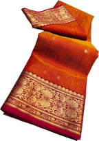 Orange Handloom Chanderi Pure Katan Silk Saree - Luxurion World
