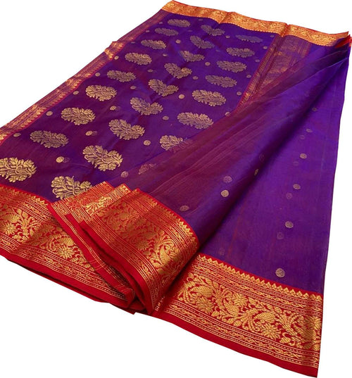 Elegant Purple Handloom Chanderi Pure Katan Silk Saree - Luxurion World
