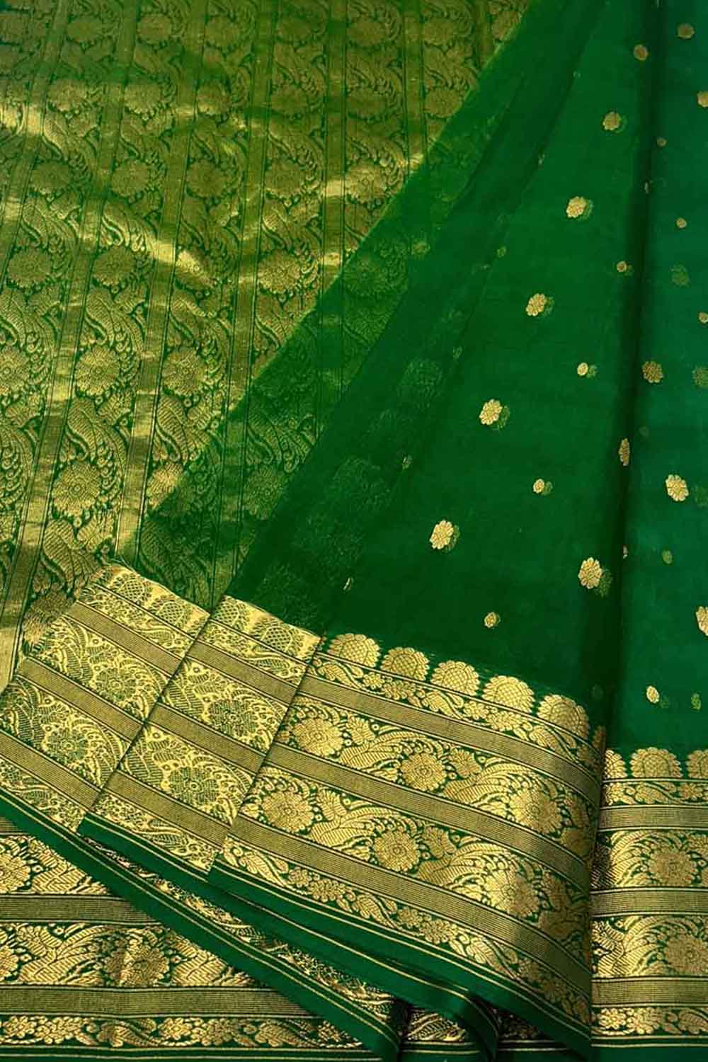 Green Handloom Chanderi Pure Katan Silk Saree - Luxurion World