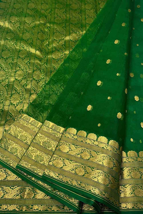 Green Handloom Chanderi Pure Katan Silk Saree - Luxurion World