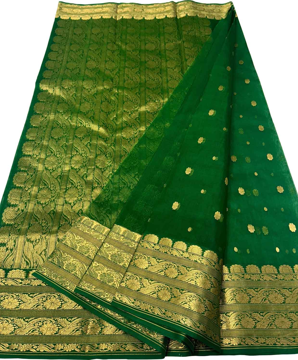 Green Handloom Chanderi Pure Katan Silk Saree - Luxurion World