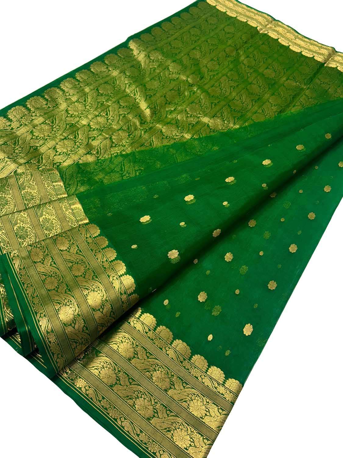 Green Handloom Chanderi Pure Katan Silk Saree - Luxurion World