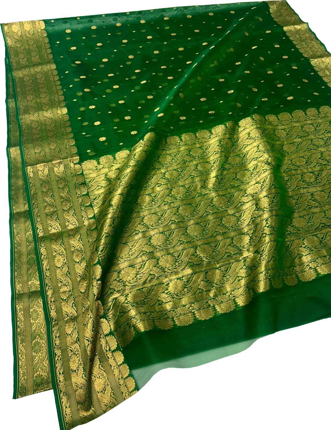 Green Handloom Chanderi Pure Katan Silk Saree - Luxurion World