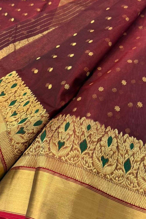 Elegant Maroon Handloom Chanderi Pure Katan Silk Saree - Luxurion World