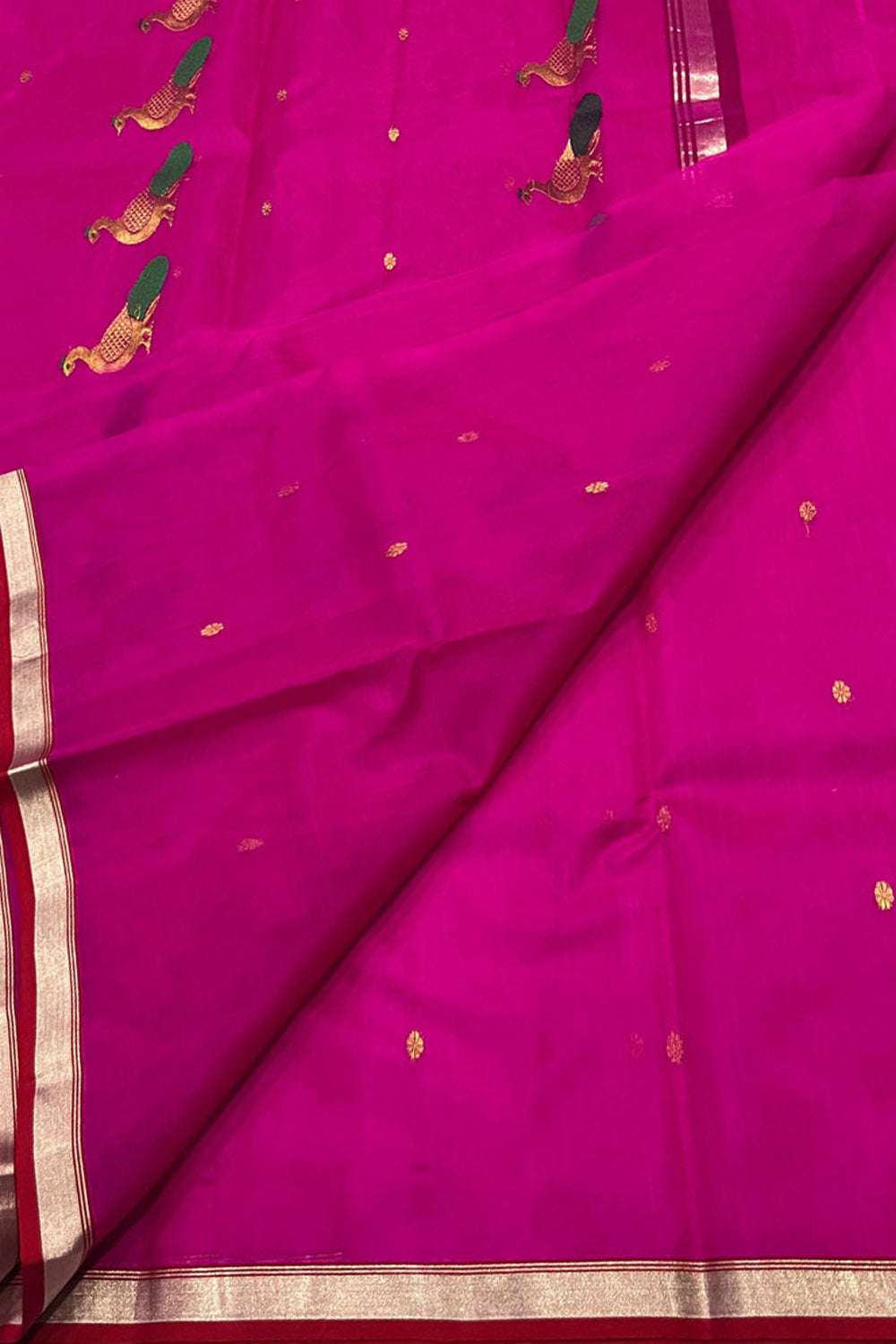 Pink Handloom Chanderi Pure Katan Silk Peacock Design Saree - Luxurion World