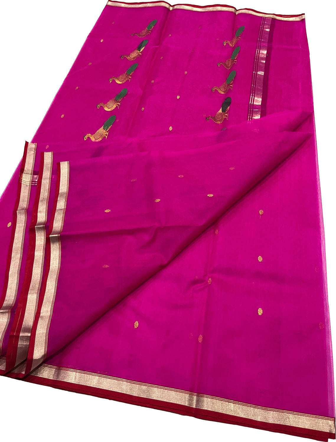 Pink Handloom Chanderi Pure Katan Silk Peacock Design Saree - Luxurion World