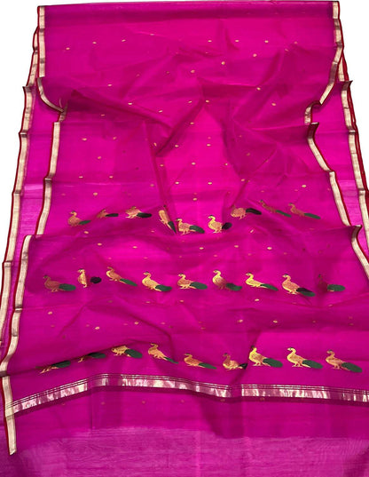 Pink Handloom Chanderi Pure Katan Silk Peacock Design Saree - Luxurion World