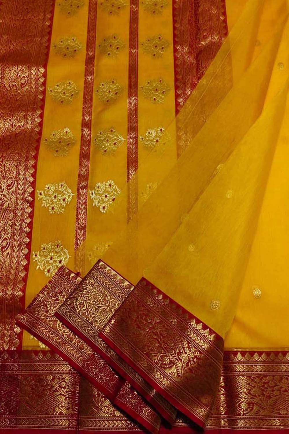 Yellow Handloom Chanderi Pure Katan Silk Booti Design Meenakari Saree - Luxurion World