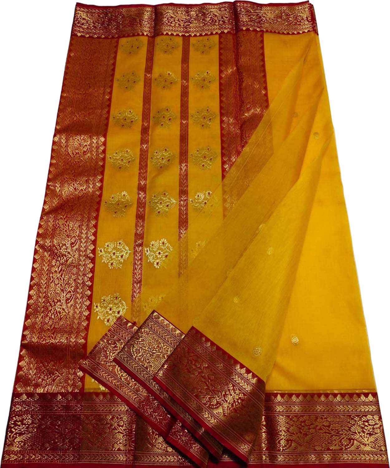 Yellow Handloom Chanderi Pure Katan Silk Booti Design Meenakari Saree - Luxurion World