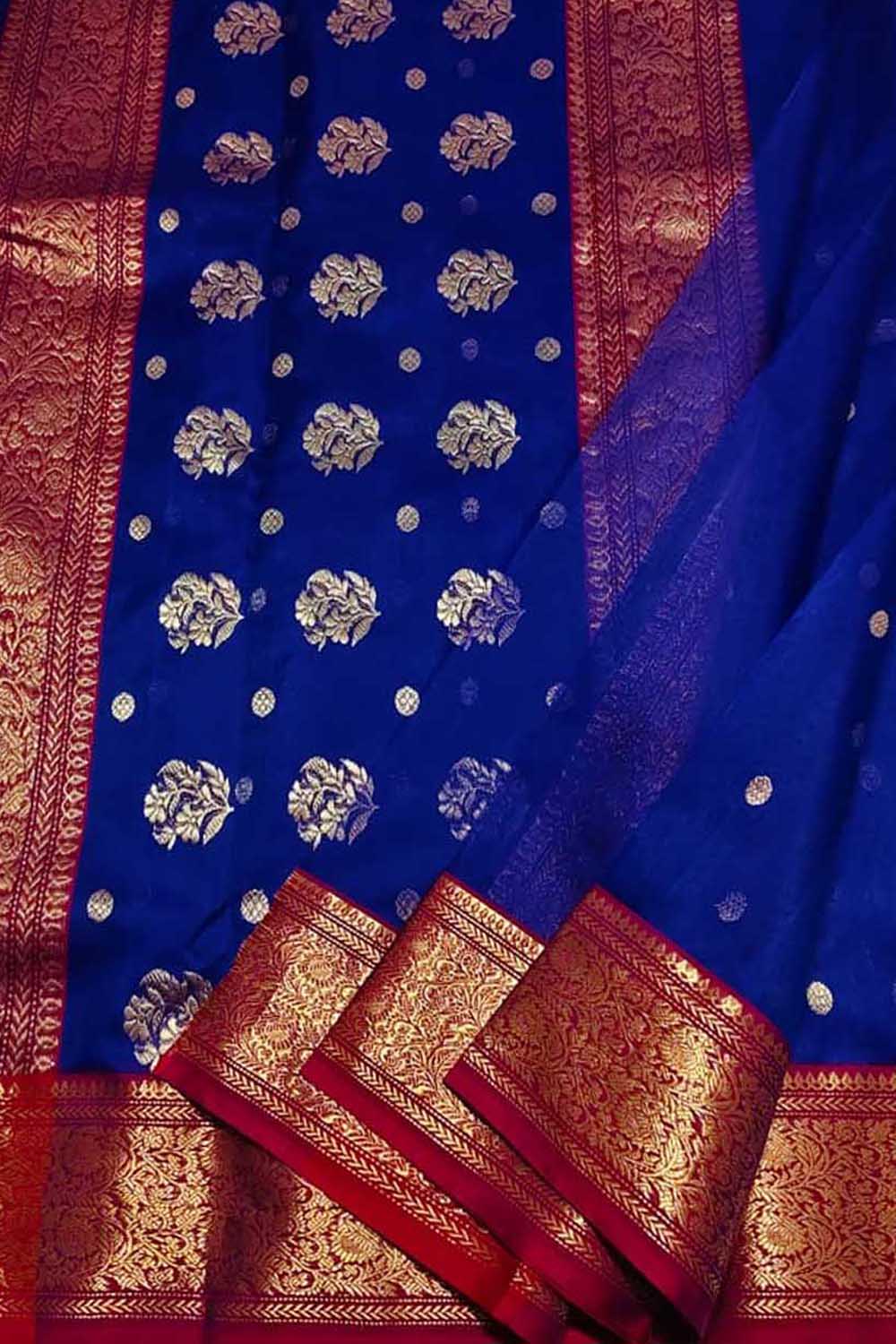 Blue Handloom Chanderi Pure Silk Flower Booti Saree - Luxurion World