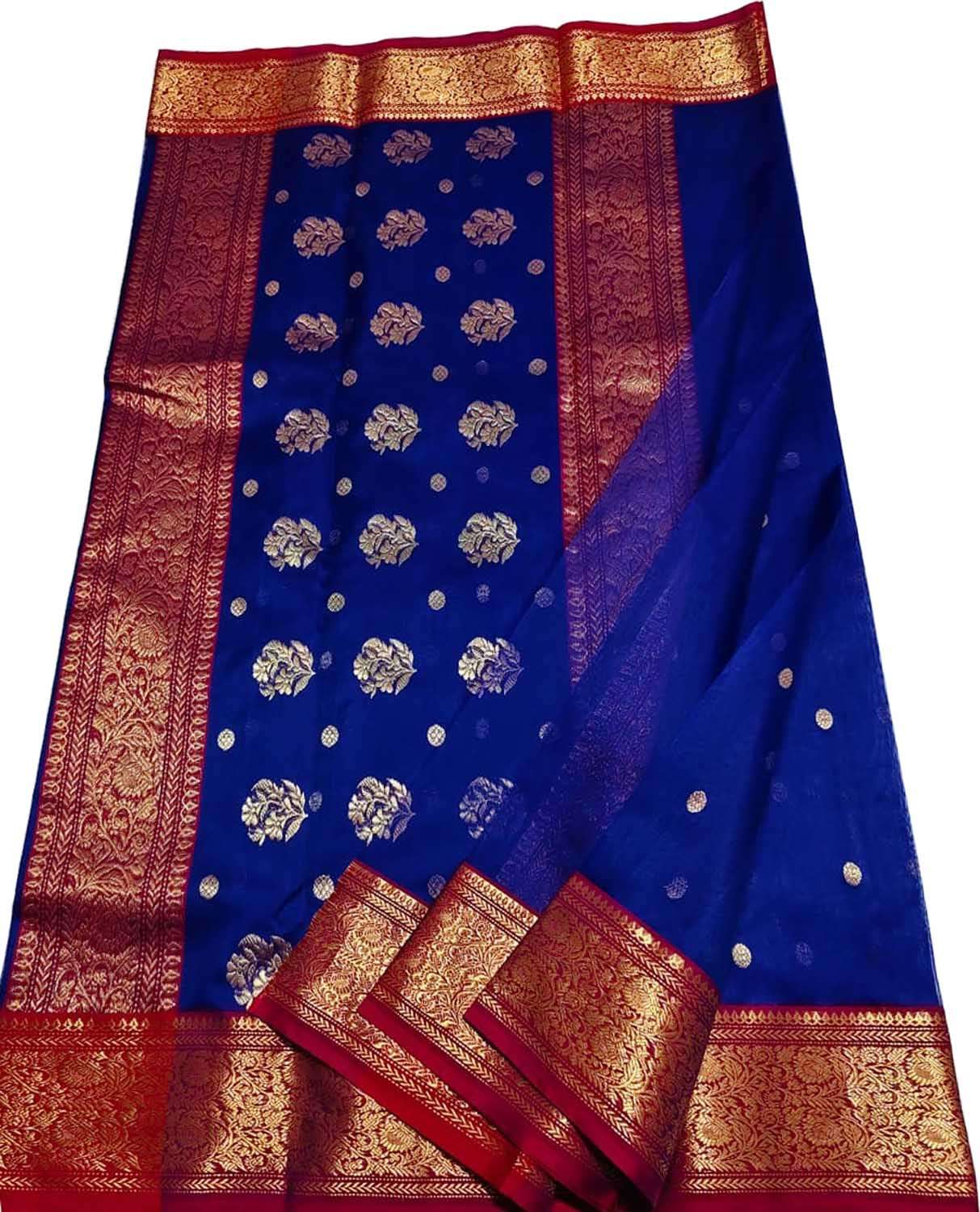 Blue Handloom Chanderi Pure Silk Flower Booti Saree - Luxurion World