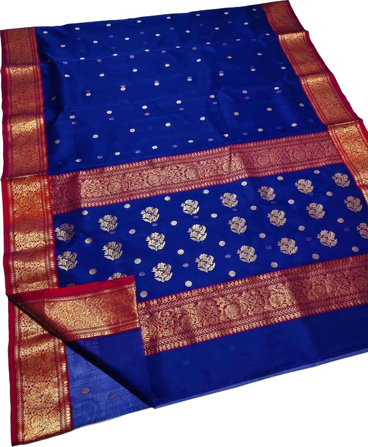 Blue Handloom Chanderi Pure Silk Flower Booti Saree - Luxurion World
