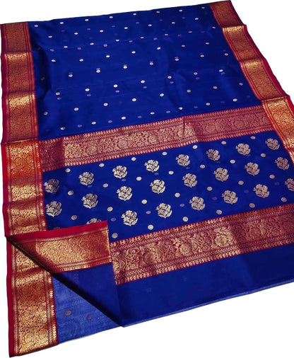 Blue Handloom Chanderi Pure Silk Flower Booti Saree - Luxurion World