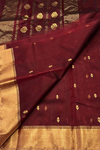 Maroon Handloom Chanderi Pure Katan Silk Flower Design Saree - Luxurion World