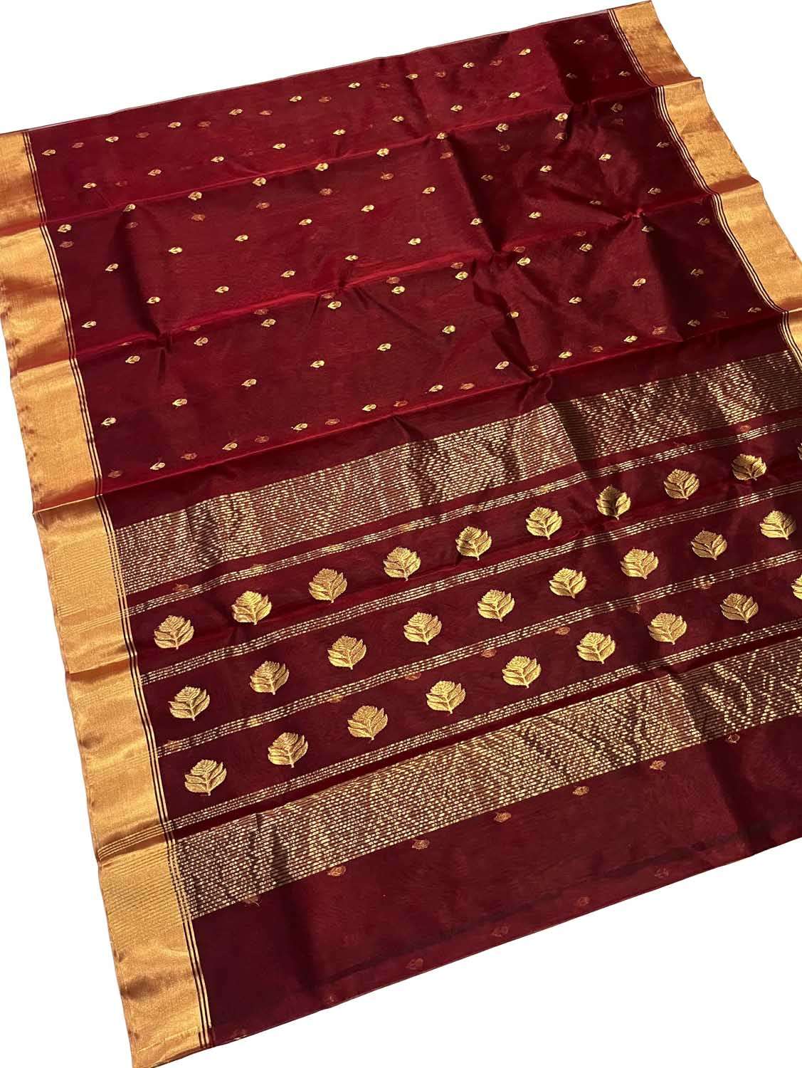 Maroon Handloom Chanderi Pure Katan Silk Flower Design Saree - Luxurion World