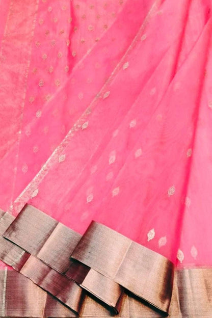 Pink Handloom Chanderi Pure Katan Silk Saree - Luxurion World