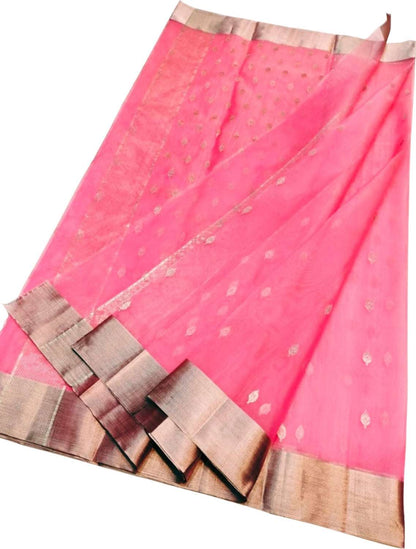 Pink Handloom Chanderi Pure Katan Silk Saree - Luxurion World