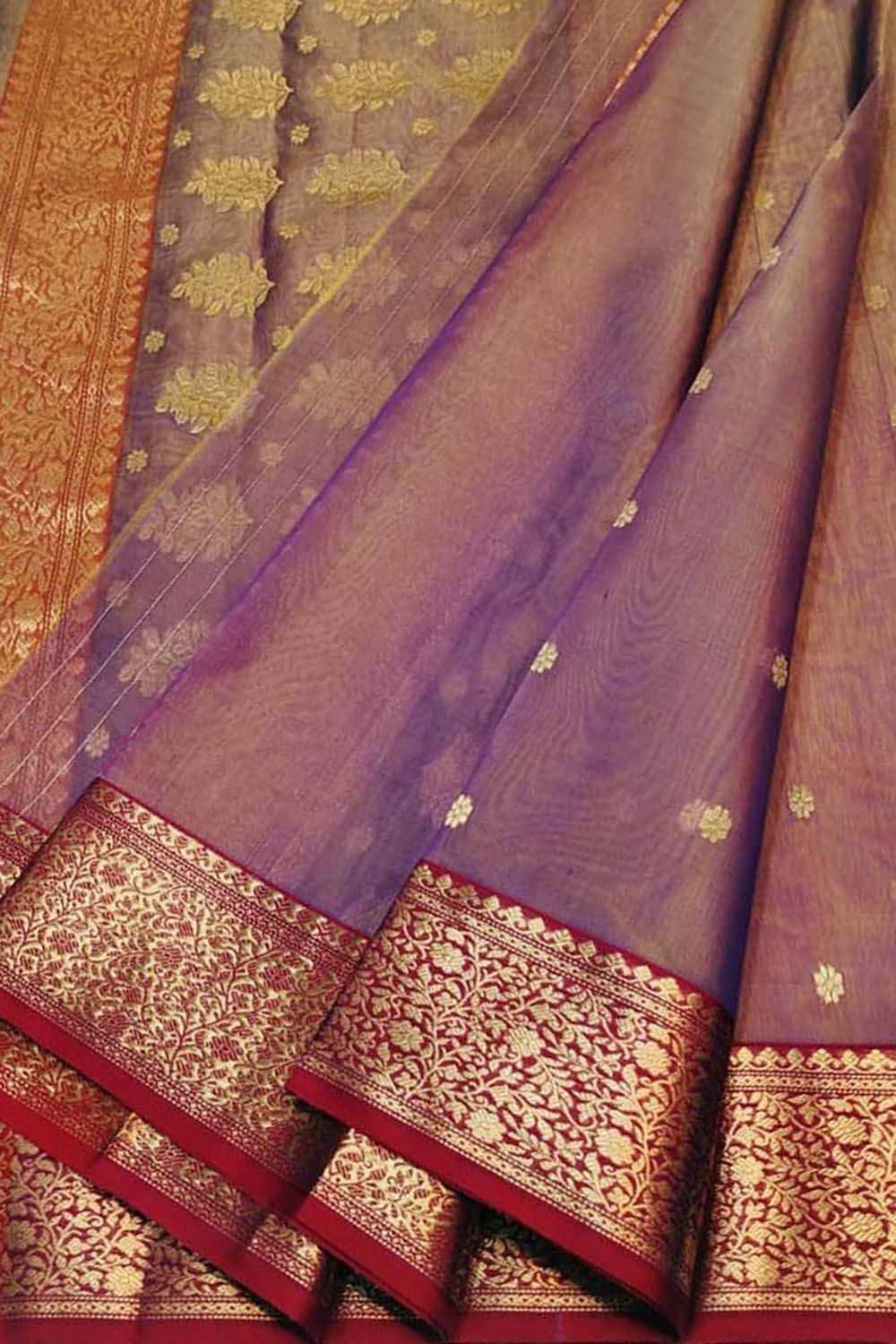 Purple Shot Handloom Chanderi Pure Katan Silk Booti Design Saree - Luxurion World