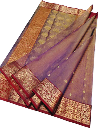 Purple Shot Handloom Chanderi Pure Katan Silk Booti Design Saree - Luxurion World