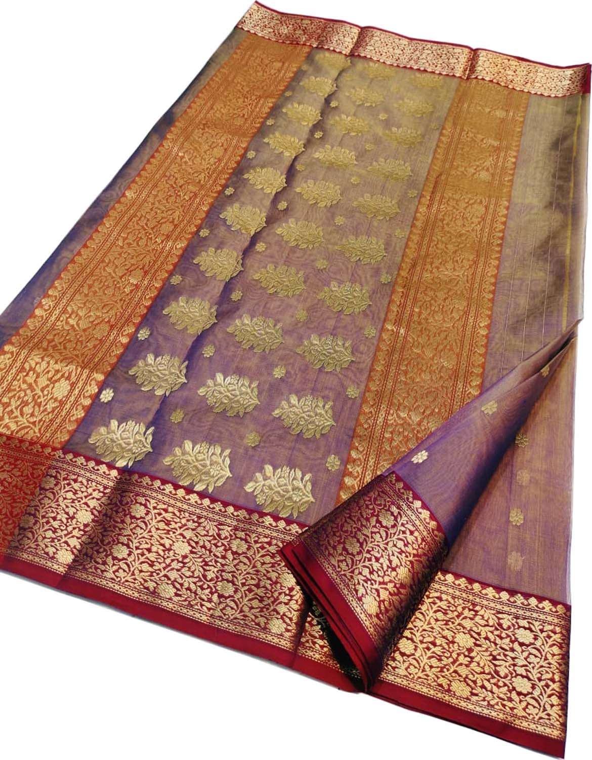 Purple Shot Handloom Chanderi Pure Katan Silk Booti Design Saree - Luxurion World