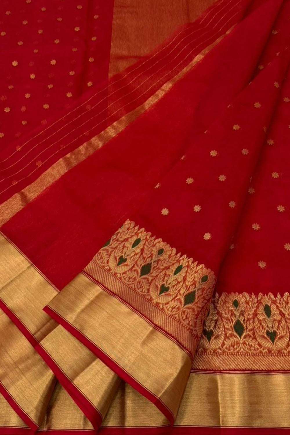 Red Handloom Chanderi Pure Katan Silk Meenakari Saree - Luxurion World