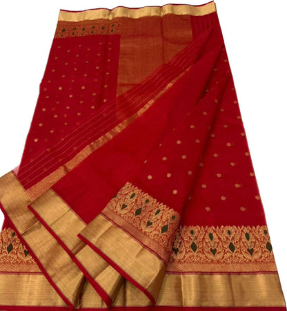 Red Handloom Chanderi Pure Katan Silk Meenakari Saree - Luxurion World