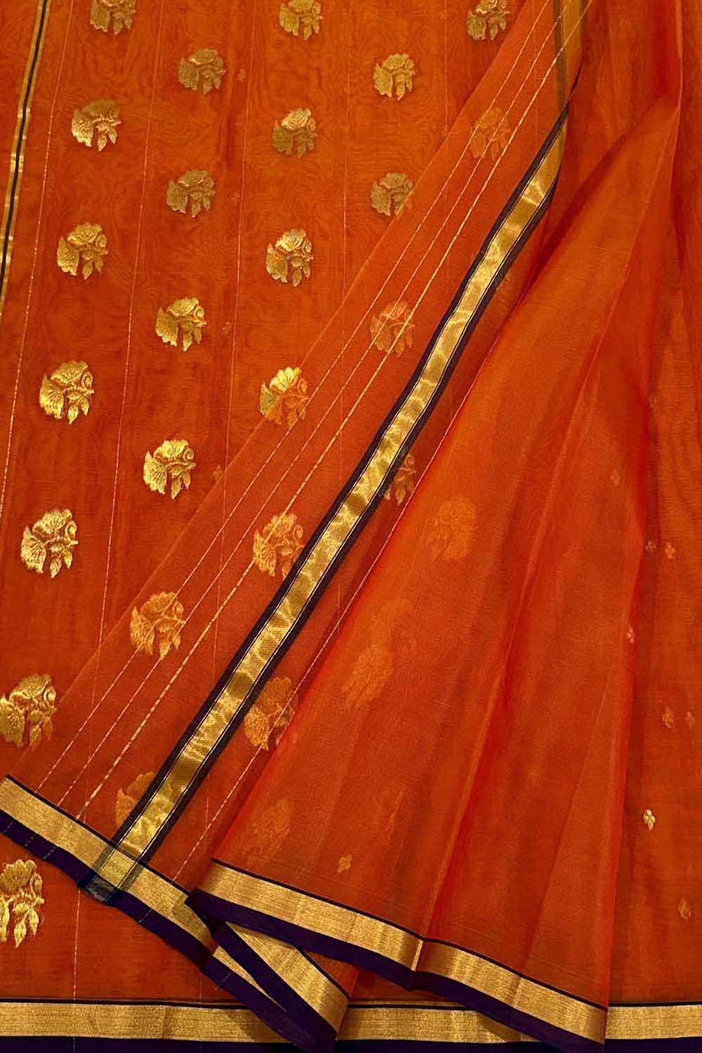Orange Handloom Chanderi Pure Katan Silk Flower Design Saree - Luxurion World