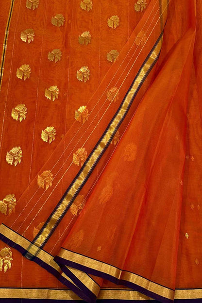 Orange Handloom Chanderi Pure Katan Silk Flower Design Saree - Luxurion World