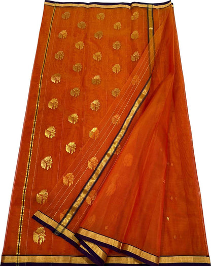 Orange Handloom Chanderi Pure Katan Silk Flower Design Saree - Luxurion World
