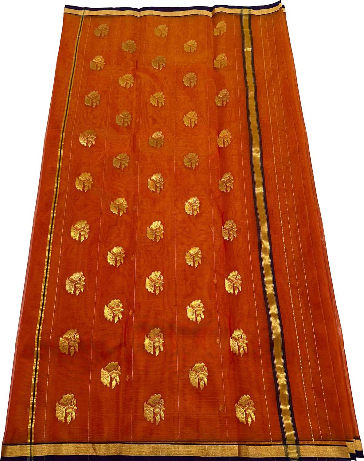 Orange Handloom Chanderi Pure Katan Silk Flower Design Saree - Luxurion World
